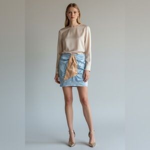 Rivir Satin Sky Blue Gold Drape Detail Skirt Size Small Elegant Party Look